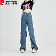 皮爾卡丹（pierre cardin）牛仔褲女夏季休閑顯瘦顯高百搭時(shí)尚高腰闊腿褲子女復(fù)古藍(lán)XL