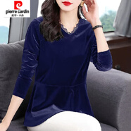 皮爾卡丹（pierre cardin）黑色V領(lǐng)中長款上衣女秋冬修身大碼收腰長袖金絲絨時(shí)尚氣質(zhì)歐洲站T 寶藍(lán)色 建議95-110斤 M