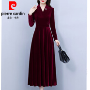 皮爾卡丹（pierre cardin）金絲絨長(cháng)袖連衣裙2025新款女士春秋冬款媽l媽氣質(zhì)長(cháng)裙針織 酒紅色 2XL (125-134斤)