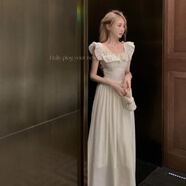 斐莉玥2025春夏新款夏季荷葉邊無(wú)袖粉色裙子女裝甜美飛飛袖方領(lǐng)連衣裙女 (有內襯)杏白色(款) 6XL 建議220-260斤