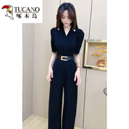 啄木鳥網(wǎng)紅時尚連體衣褲女2025夏季新款黑V領(lǐng)泡泡袖顯瘦連體褲 WH2601#黑色【版】 L 建議 105-115斤