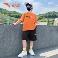 安踏男童運(yùn)動套裝夏裝冰絲速干短袖短褲兩件套T恤五分褲兒童衣服 橘T黑褲8111J 150