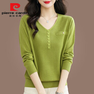 皮爾卡丹（pierre cardin）品質(zhì)t恤女長(zhǎng)袖春秋冬毛衣女上衣v領(lǐng)洋氣內(nèi)搭薄款針織打底衫上衣潮 綠色優(yōu)質(zhì)今年流行的輕奢品牌 加 S 80-95斤可穿