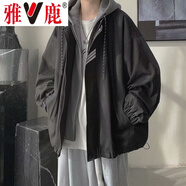 雅鹿假兩件連帽夾克外套男春秋季薄款男裝男士寬松休閑衣服 黑色【高品質(zhì)春秋款】 XL (建議體重130-150斤)