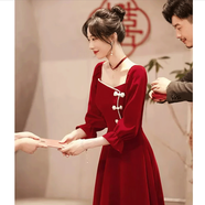 麥斯貝思敬酒服新娘訂婚禮服裙冬季酒紅色小個(gè)子回門便裝連衣裙結(jié)婚紅裙 酒紅色 XL