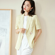 米思陽(yáng)（missshine）夏新款通勤百搭短袖大扣子女式西裝外套 淺黃色 S