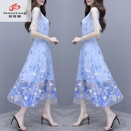范哲狼（FANZELANG）女裝刺繡連衣裙2024新款超仙長款仙女裙夏季洋氣遮肚網(wǎng)紗裙子 藍色 XL 110-119斤