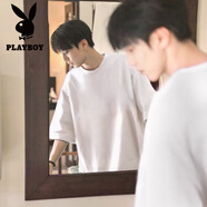 花花公子（PLAYBOY）美式重磅t恤男生鹽系穿搭ootd短袖男三本針純棉五分袖夏季體恤衫 白色 XL 建議125-145斤