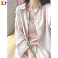 VOYDOVE藍色長袖防曬襯衫女外套春夏薄款顯瘦寬松休閑polo領亞麻襯衣 粉色襯衫 L 115-130斤