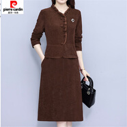 皮爾卡丹（pierre cardin）洋氣長(zhǎng)袖婚宴假兩件連衣裙女春秋新款媽媽裝顯瘦氣質(zhì)內(nèi)搭裙子 咖色 L 105-125斤