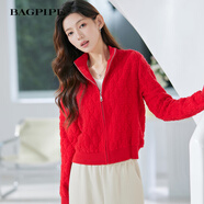 風(fēng)笛（Bagpipe）風(fēng)笛2025春季新款高級設計感翻領(lǐng)長(cháng)袖針織衫寬松開(kāi)衫 正紅 S 155