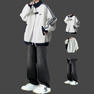 開衫衛(wèi)衣男士休閑運(yùn)動(dòng)套裝春秋季新款一套學(xué)生搭配帥氣衣服 灰色+白長T+J50牛仔褲黑 S