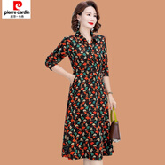 皮爾卡丹（pierre cardin）媽媽襯衫領(lǐng)連衣裙春秋裝時(shí)尚洋氣中老年女秋裝長(cháng)袖中長(cháng)款碎花裙子 紅色楓葉 XL (參考90-105斤)