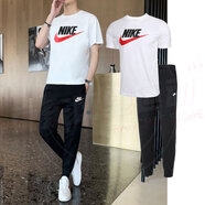 耐克（NIKE）男裝運動套裝25春新款休閑簡約衛(wèi)衣套頭衫 運動褲長褲衛(wèi)褲 兩件套 大LOGO白色T恤+長褲/舒適 L/175(建議體重130-150斤)