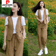 皮爾卡丹（pierre cardin）微胖穿搭一整套2025夏季新款大碼t恤馬甲哈倫褲遮肉顯瘦三件套女 咖色套裝 (建議115斤-130斤) XL
