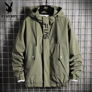 花花公子秋冬季連帽夾克外套男士加絨潮流寬松大碼褂子工裝外穿沖鋒上衣服 92軍綠 XL