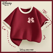 迪士尼寶寶女童t恤短袖純棉薄款2025新款百搭女孩童裝時(shí)尚洋氣休閑兒童上衣 【100%純棉】心結點(diǎn)K酒紅 110