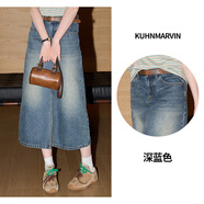 庫恩瑪維（KUHNMARVIN）【100棉】時髦水洗牛仔半身裙女2025年早春新款顯瘦A字裙K36798 深藍(lán)色 M