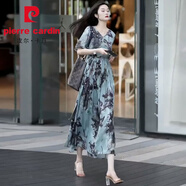 皮爾卡丹（pierre cardin）真絲連衣裙2025夏季新款大牌重磅桑蠶絲水墨印花寬松大碼過膝長裙 淺藍色 2XL 建議150-170斤