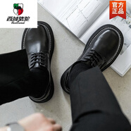 西域駱駝大頭皮鞋男鞋馬丁鞋黑色圓頭厚底日系休閑小黑鞋真皮切爾西靴 黑色系帶款 38 皮鞋碼