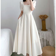 GOCHIEI泡泡袖方領(lǐng)白色赫本輕熟風(fēng)連衣裙女白裙子收腰顯瘦氣質(zhì)過(guò)膝長(cháng)裙夏 白色有口袋 M