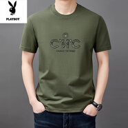 花花公子（PLAYBOY）圓領(lǐng)短袖t恤男夏季新款純棉寬松中年半袖體恤衫休閑襯衣上衣服男 軍綠ZMN525短袖 M 165(100斤-120斤)