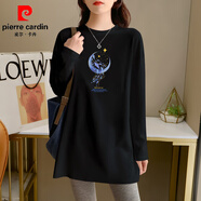 皮爾卡丹（pierre cardin）中長款長袖女士T恤歐貨純·棉秋裝新款大碼寬松遮臀打底衫小個子 901-153黑色 XL 適合125-140斤