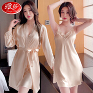 浪莎（LangSha）高檔冰絲綢薄款性感睡衣女情趣誘惑蕾絲吊帶睡裙睡袍兩件套裝夏秋 2052蕾絲兩件套香檳色 M