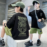 童榜兒童套裝男童夏季時尚洋氣新款中大童寬松短袖T恤短褲兩件套潮 黑色套裝 170