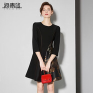 海青藍(lán)時(shí)尚復(fù)古黑色收腰連衣裙女2025春夏新款優(yōu)雅花色拼接大擺中長(zhǎng)裙 黑色 S