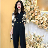 源夫人連體褲女2025新款春秋季時(shí)尚休閑氣質(zhì)撞色長(cháng)袖條紋連體高腰直筒褲 【3617#】黑色 M 建議95-105斤