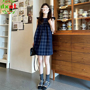 DXOT藍(lán)色小飛袖格子吊帶連衣裙子女裝春夏2025新款小個(gè)子無袖背心短裙 藍(lán)格裙【優(yōu)質(zhì)款】 M 45/55kg