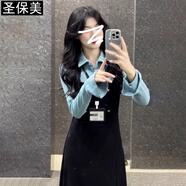 圣保美假兩件針織長(zhǎng)袖襯衫連衣裙女裝春秋季2025新款收腰顯瘦a字長(zhǎng)裙子 連衣裙 M 碼