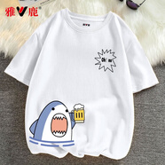 雅鹿短袖T恤男生夏款青少年學(xué)生個(gè)性寬松大碼韓版半袖休閑純棉男士t恤 白/鯊魚(yú)嗨脾黑 3XL （重175-190斤高175-180）