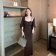 島歌夫人針織吊帶裙加開(kāi)衫罩衫兩件套毛衣連衣裙套裝裙女秋季氣質(zhì) 煙栗咖-裙子 L