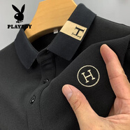 花花公子（PLAYBOY）短袖t恤男士2025夏季新款t恤帶刺繡高端保羅POLO衫潮流純棉體桖 H短袖黑色 M