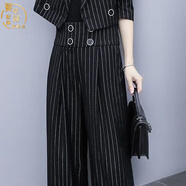 蔓草寇 五十歲女人適合的套裝單件秋裝新款洋氣名媛氣質(zhì)韓版時(shí)尚套裝條紋短外套闊腿褲兩件套女 黑色單褲子 L_建議110斤-125斤