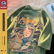 楠笙記美式復古t恤男重磅短袖夏天水洗做舊ins潮牌男生寬松五分半截袖 水洗綠色 XL （130~150斤）