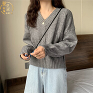 韓系毛衣 甜美風(fēng)毛衣女2022春裝V領(lǐng)學(xué)生長袖針織打底衫韓版寬松套頭短款內(nèi)搭上衣 灰色 S_75-90斤
