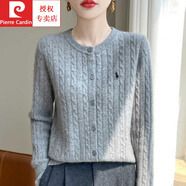 皮爾卡丹（pierre cardin）春秋新款精致刺繡圓領(lǐng)扭花針織開衫女上衣麻花外套毛衣 灰色 L 110-125斤