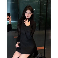 阿瑪瑟（amase）小香風(fēng)撞色飄帶毛呢西裝連衣裙女冬季夾棉加厚收腰顯瘦西服外套 黑色夾棉加厚 XL 【建議118-130斤】