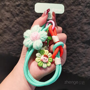 珍格手機掛繩毛線小花編織手腕繩ins卡通可愛萌娃吊墜掛件拇指繩女防丟防盜手機殼小吊繩通用 【青橙】毛線花兩股二用簡約手繩+綠色長夾片+吊墜