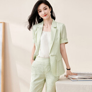 米思陽(yáng)（missshine）2022夏季新款時(shí)尚中國(guó)風(fēng)氣質(zhì)提花女式西裝修身短袖外套2032 淺綠色 S