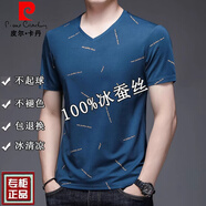 皮爾卡丹（pierre cardin）短袖t恤男士絲光棉V領(lǐng)2025夏季冰 絲體恤衫桑蠶絲半袖上衣潮流男 V-字母深蘭【短】 L 170建議115-135斤