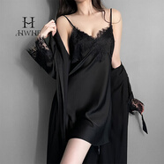 HWHE輕奢品牌性感冰絲睡衣女2025夏季新款蕾絲花邊吊帶睡裙睡袍套裝 ALT-AP10208 黑色套裝 XL 170 適合110-125斤