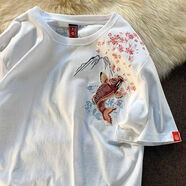 南極人2025年夏季新款國潮中國風刺繡鯉魚短袖T恤寬松男女情侶大碼 白色 L 100-120斤