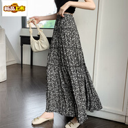 初徑復古褶皺印花春半身裙高腰垂感壓褶a字裙遮胯顯瘦百褶大擺長(cháng)裙子 黑色-帶內襯 高品質(zhì) M 適合85-110斤