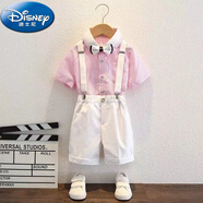 迪士尼（Disney）六一節(jié)男童禮服英倫風(fēng)帥氣背帶褲夏季婚禮鋼琴演出服兒童西裝套裝 粉條襯衫+白短褲 黑白領(lǐng)結(jié)白背帶 130