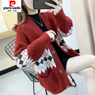 皮爾卡丹（pierre cardin）春秋款女裝慵懶風(fēng)開(kāi)衫毛衣新款韓版大碼寬松外穿針織外套 紅色 收藏+關(guān)注--極速發(fā)貨 建議【140斤-150斤】 3XL
