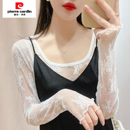 皮爾卡丹（pierre cardin）透明雷絲上衣女蕾絲打底衫毛衣內搭透視網(wǎng)紗長(cháng)袖黑色薄沙鏤空紗衣 珍珠白 【升級版好面料】 L 建議100-109斤